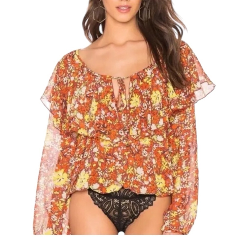 FREE PEOPLE Intimately Say It To Me Floral‎ Long Sleeve Boho Bodysuit Ruffled S